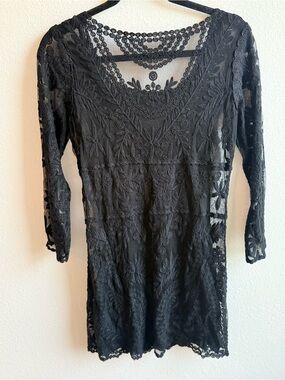 Embroidered Black Lace Sheer Mini Dress  Whimsigoth Boho Romantic